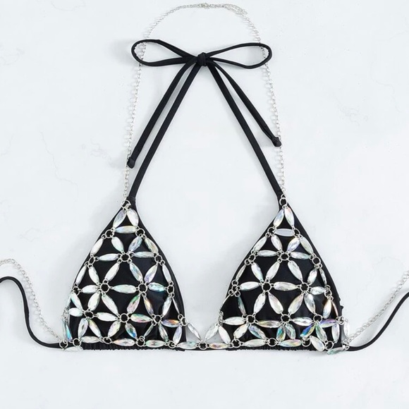 Black and rhinestones bikini set. Size medium top, Small bottoms. BNWT!! - Picture 4 of 13